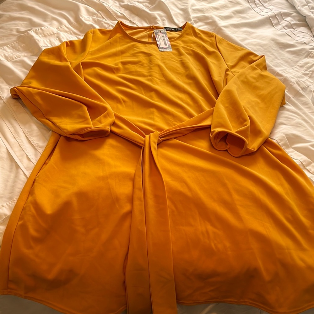 NBW Boohoo Belted Shift Dress with Blouson Sleeves in Mustard Color